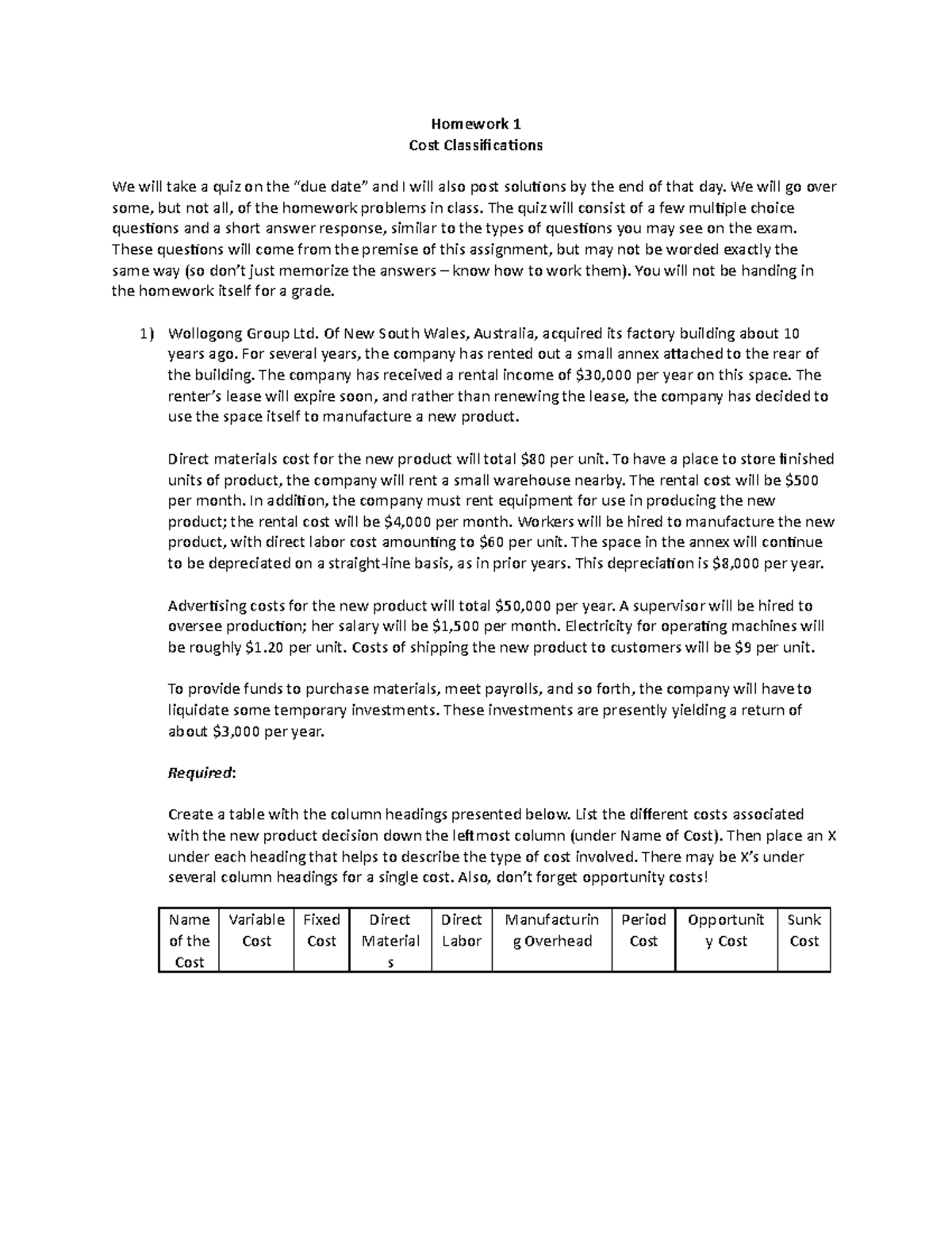 Homework 1: Cost Classifications and Analysis (2022) - Studocu