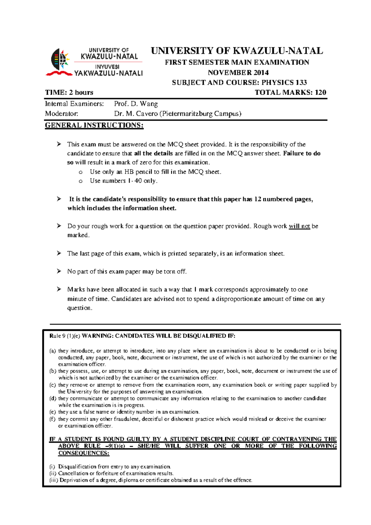 PHYS133 P2 12 2014 Y P1 - Past year paper for practice - UNIVERSITY OF ...