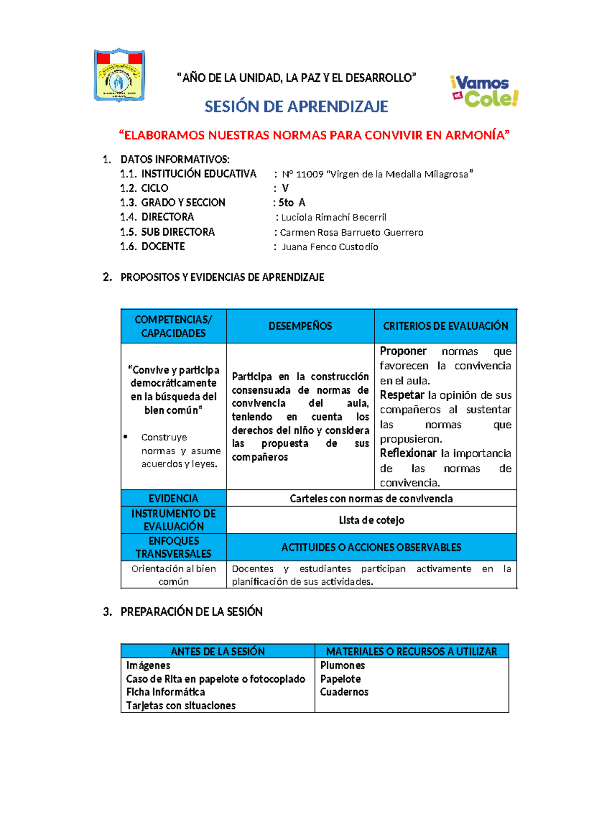 Sesión de Aprendizaje: Normas de Convivencia 5to Grado - Studocu