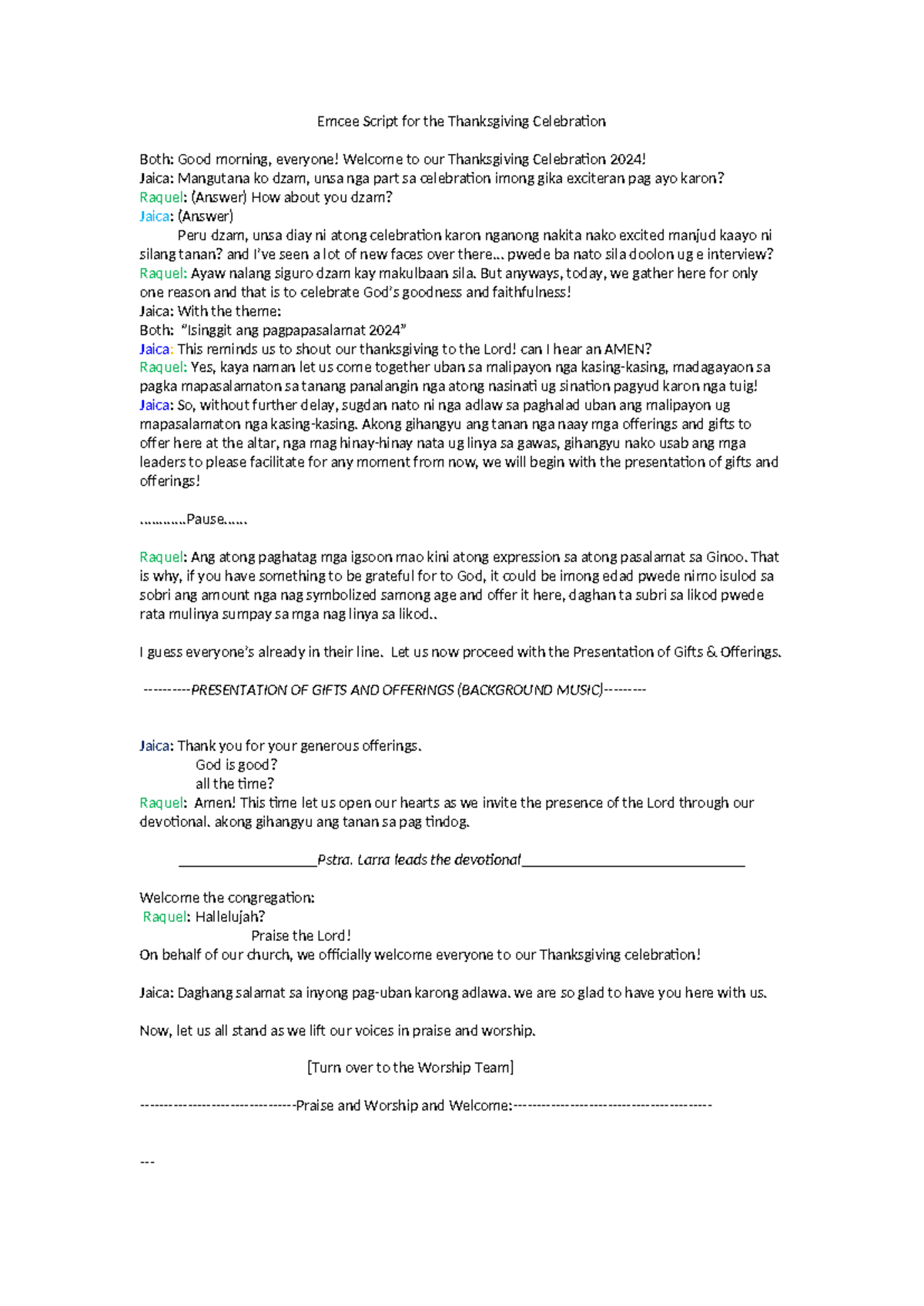 Emcee Script for Thanksgiving Celebration 2024 - Full Program - Studocu