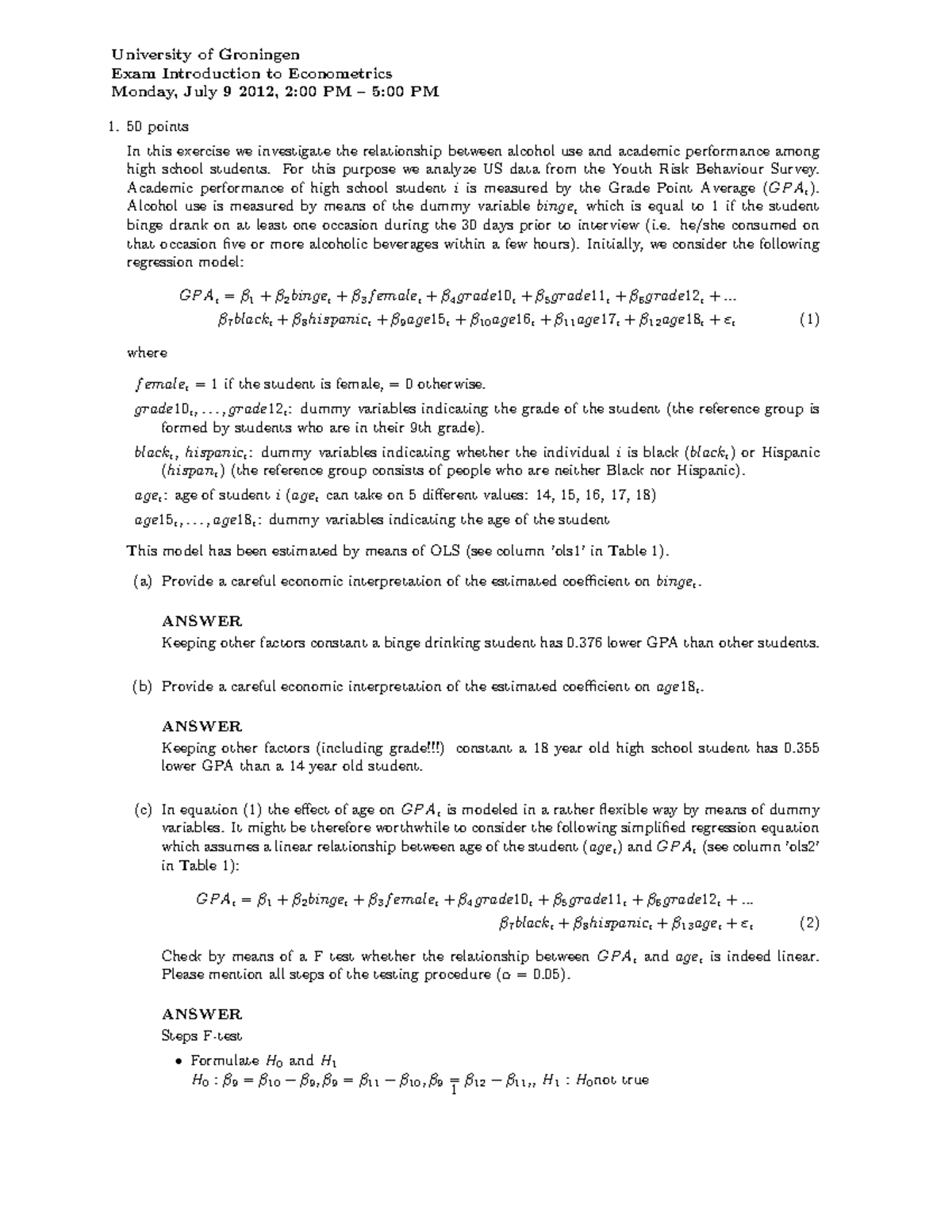 Exam Answers July 2012 - Introduction to Econometrics (OEF) - Studeersnel