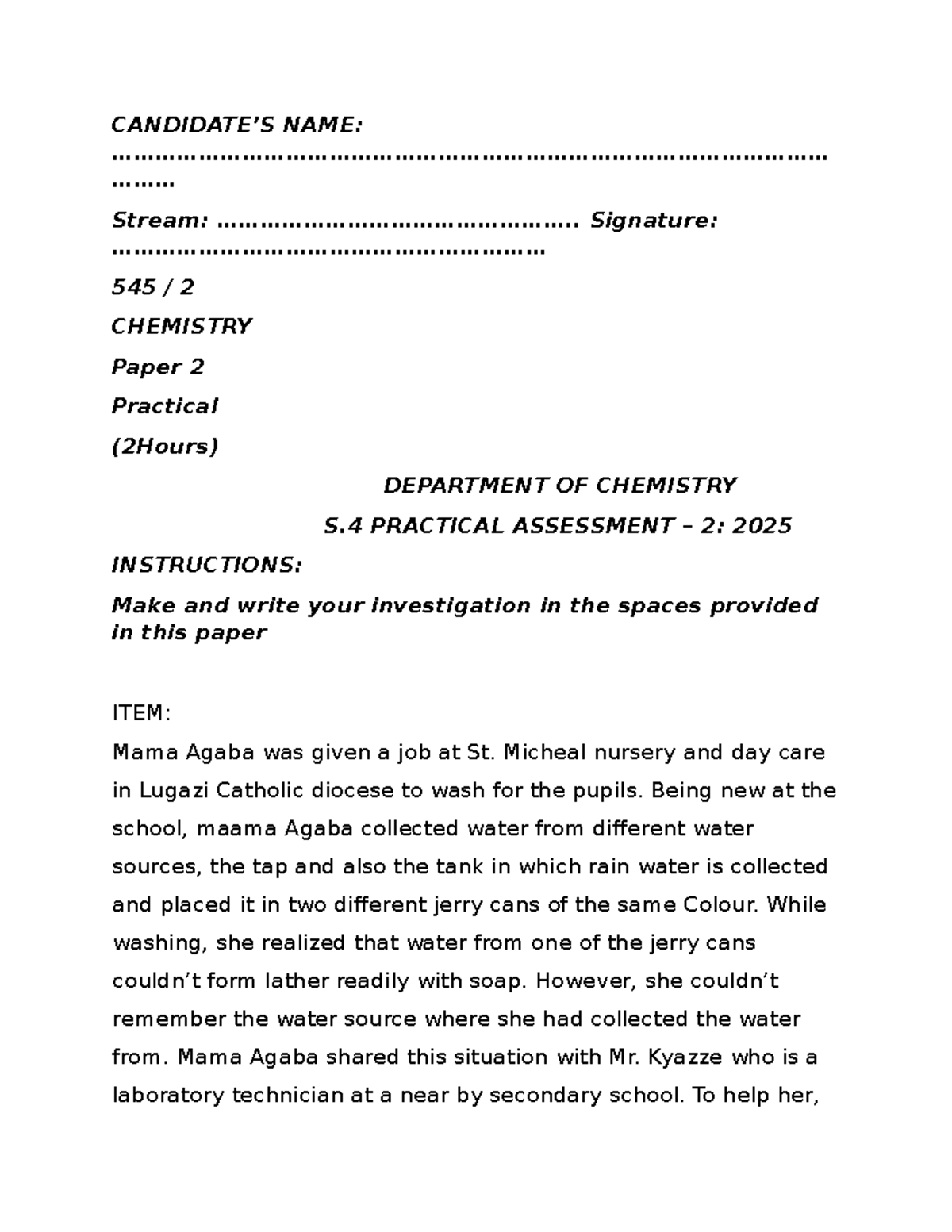 S.4 CHEM 545 Paper 2 Practical: Water Sample Investigation Guide - Studocu