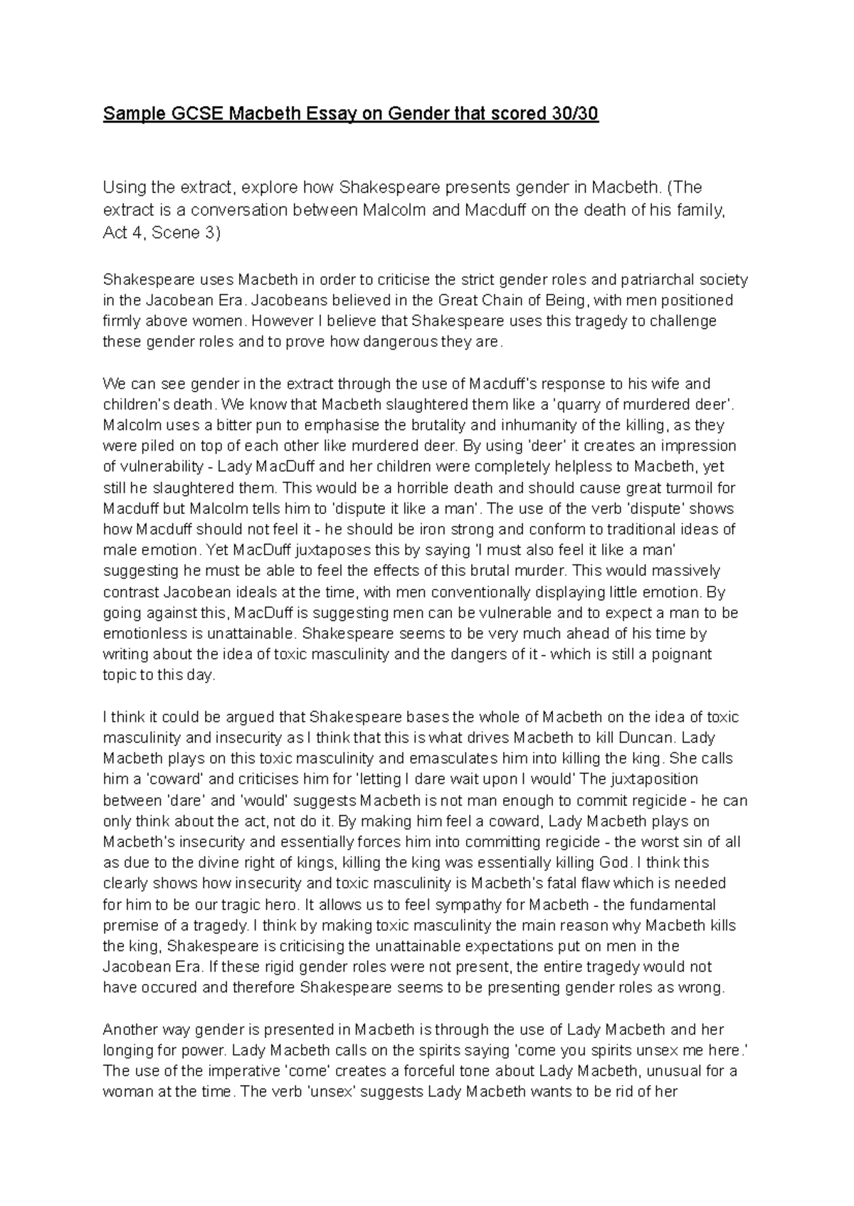 GCSE 30/30 Macbeth Essay: Exploring Gender Roles in Shakespeare's ...
