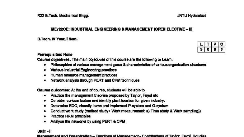 ME722OE: Industrial Engineering Management - Lecture Notes - Studocu