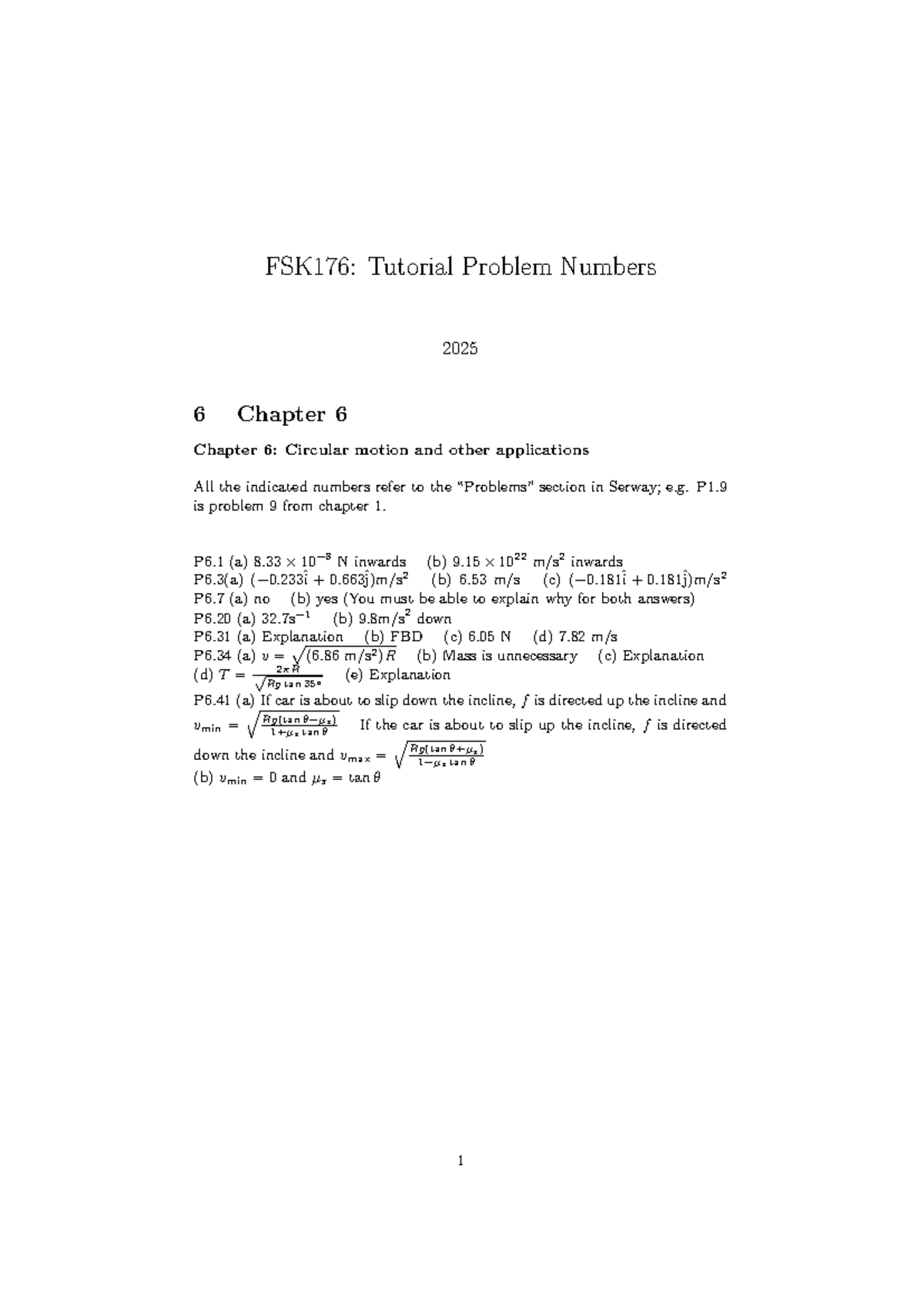 FSK176: Tutorial Problems for Chapter 6 - Circular Motion Applications ...