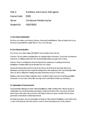 D082 Task 2 - Emotional and Cultural Intelligence Evaluation Notes ...
