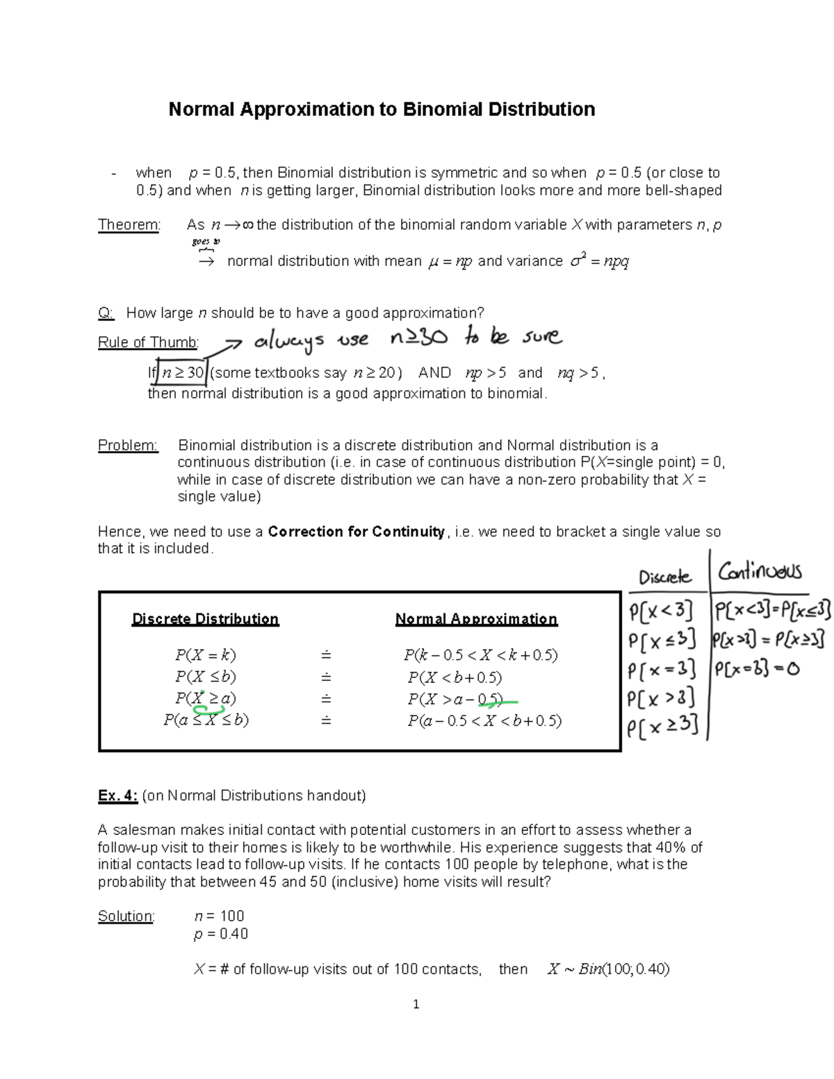 Chapter 6 7 Lecture 13 - Notes - Normal Approximation to Binomial ...