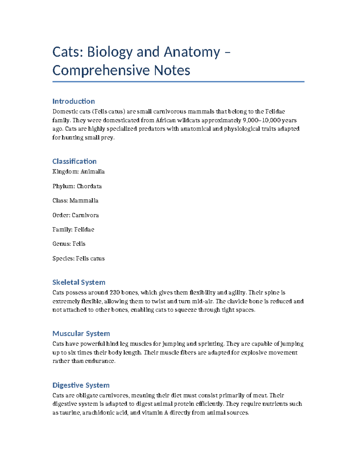 Cats (FEL 101) Biology & Anatomy Comprehensive Notes - Studocu