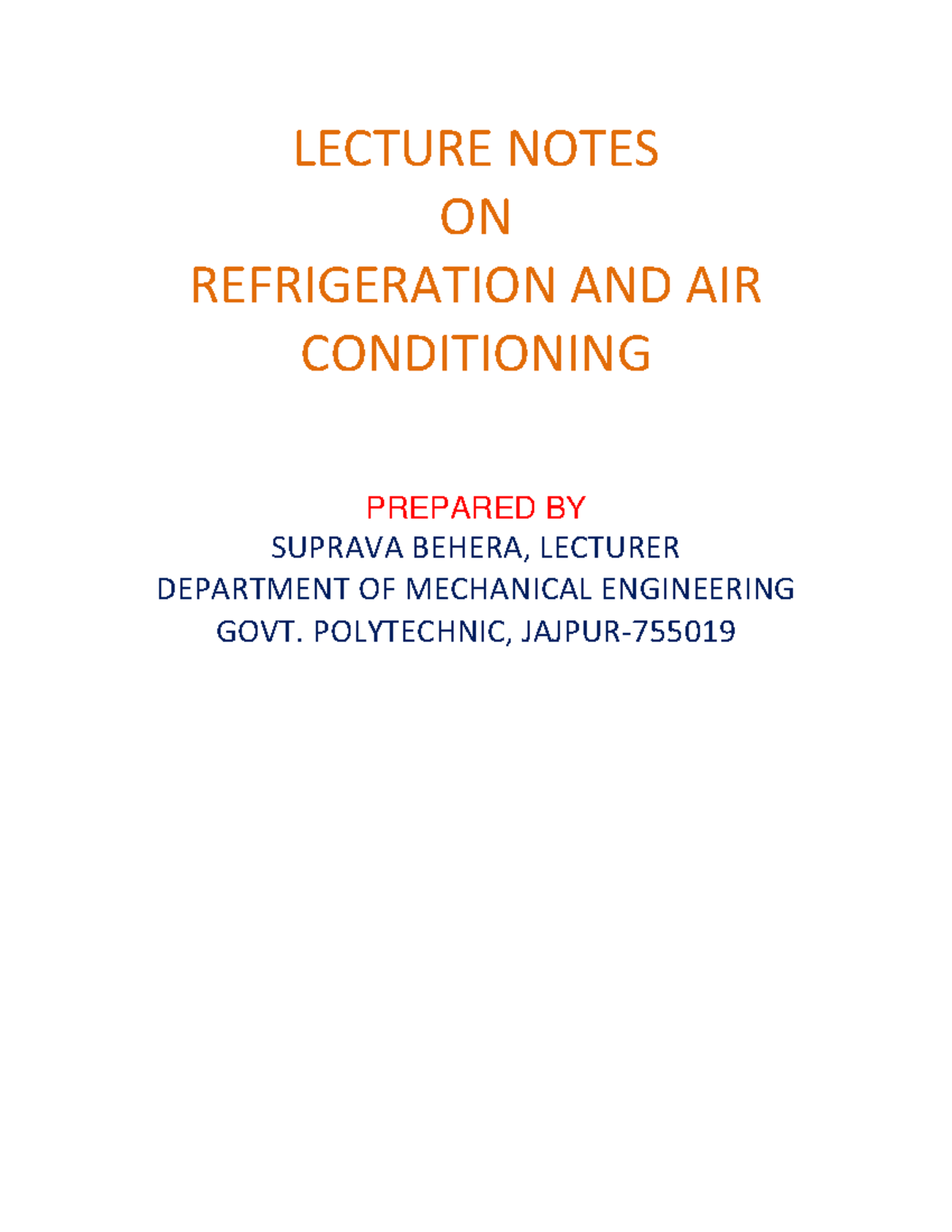 LECTURE NOTES ON REFRIGERATION AND AIR CONDITIONING (ME 101) - Studocu