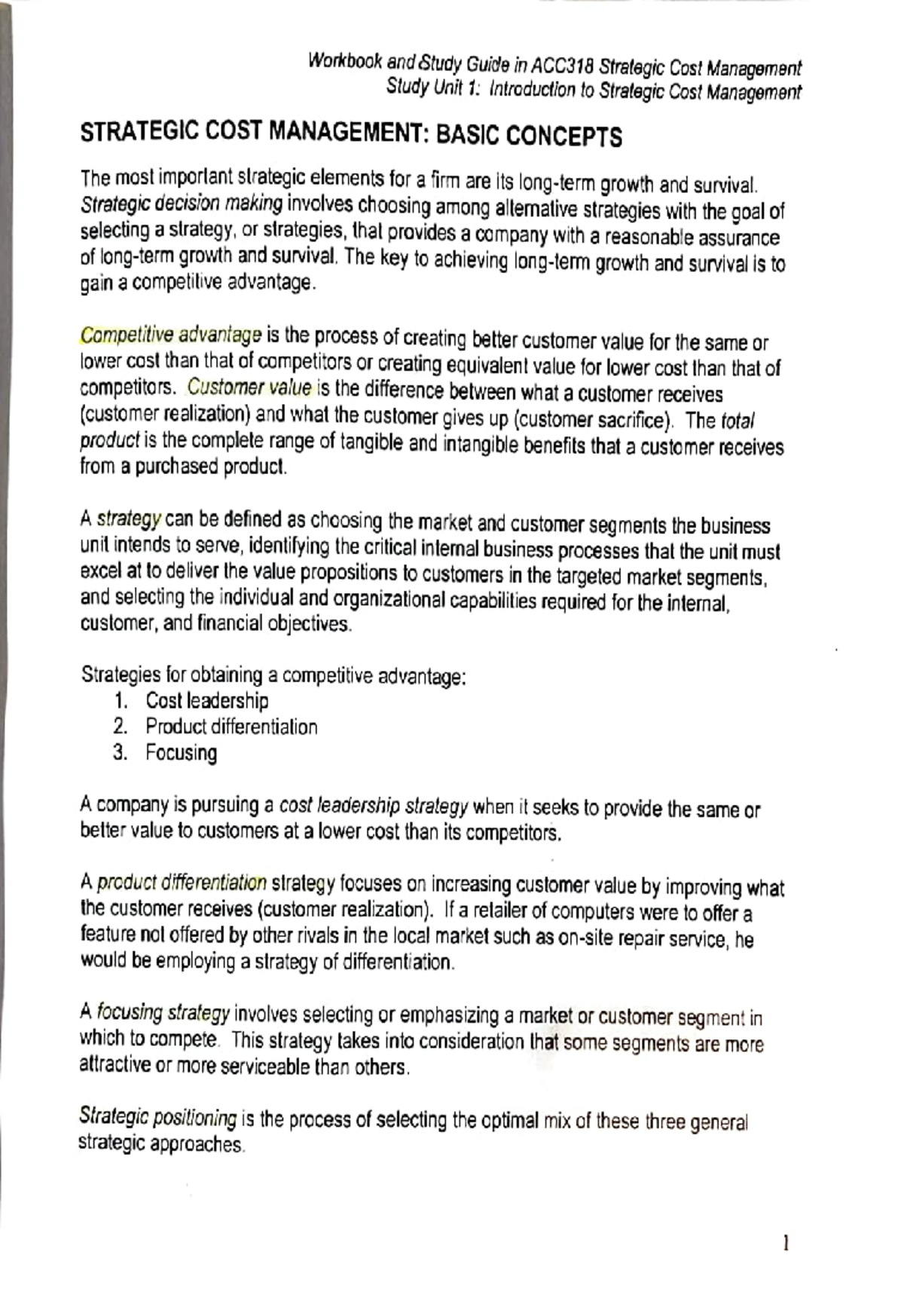 Workbook and Study Guide for ACC318 Final Exam on Strategic Cost ...