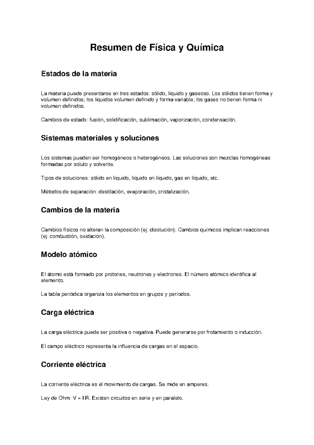 Resumen de Física y Química: Estados de la Materia y Cambios - Studocu