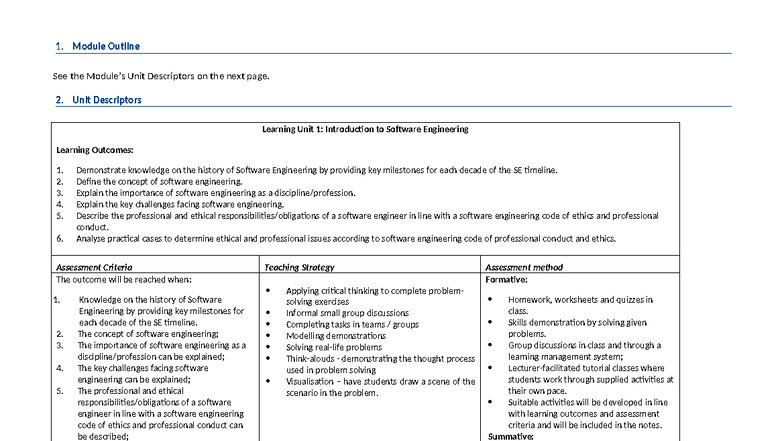 SEF216D - Software Engineering Module Outline and Learning Units - Studocu