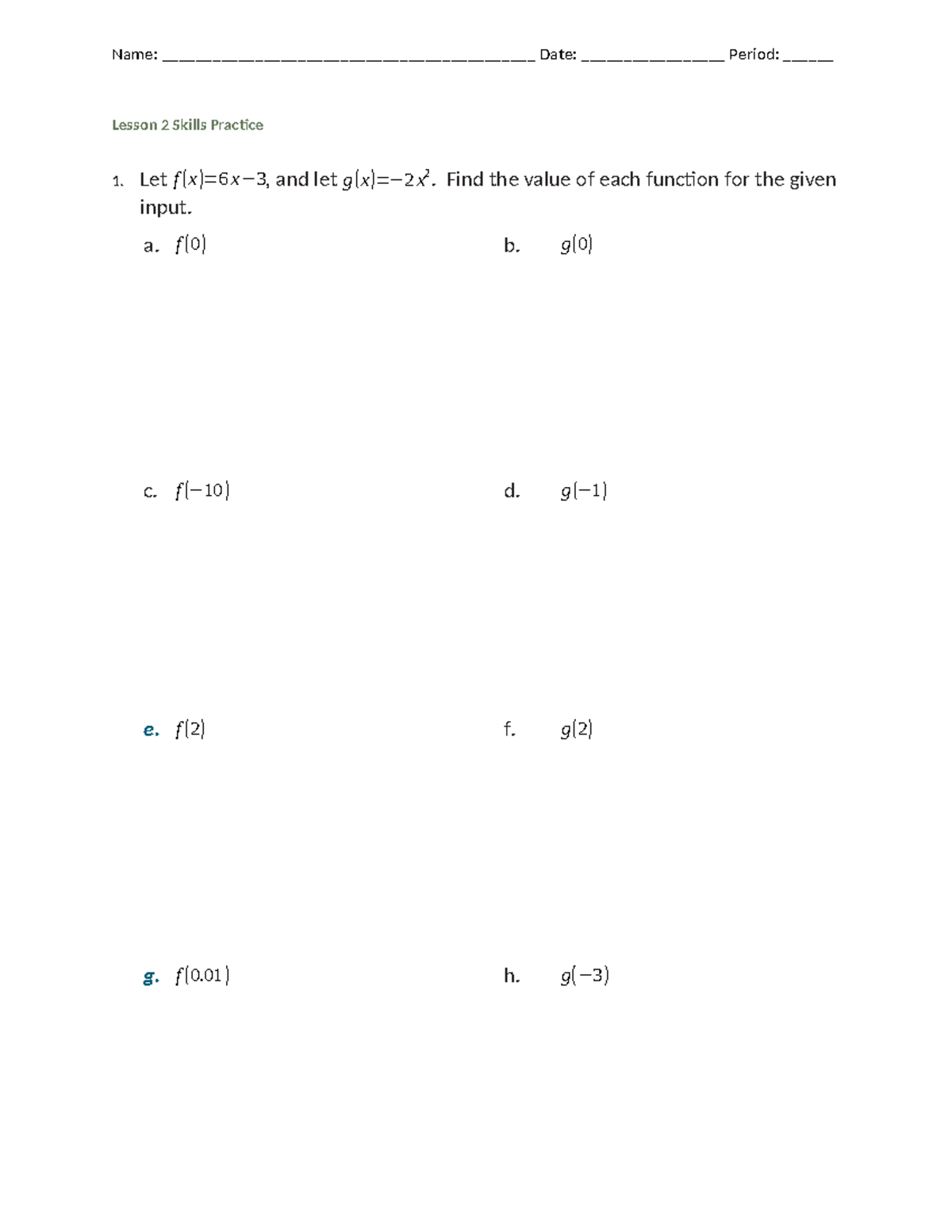 Lesson 2 Skills Practice: Function Evaluation Exercises - Studocu