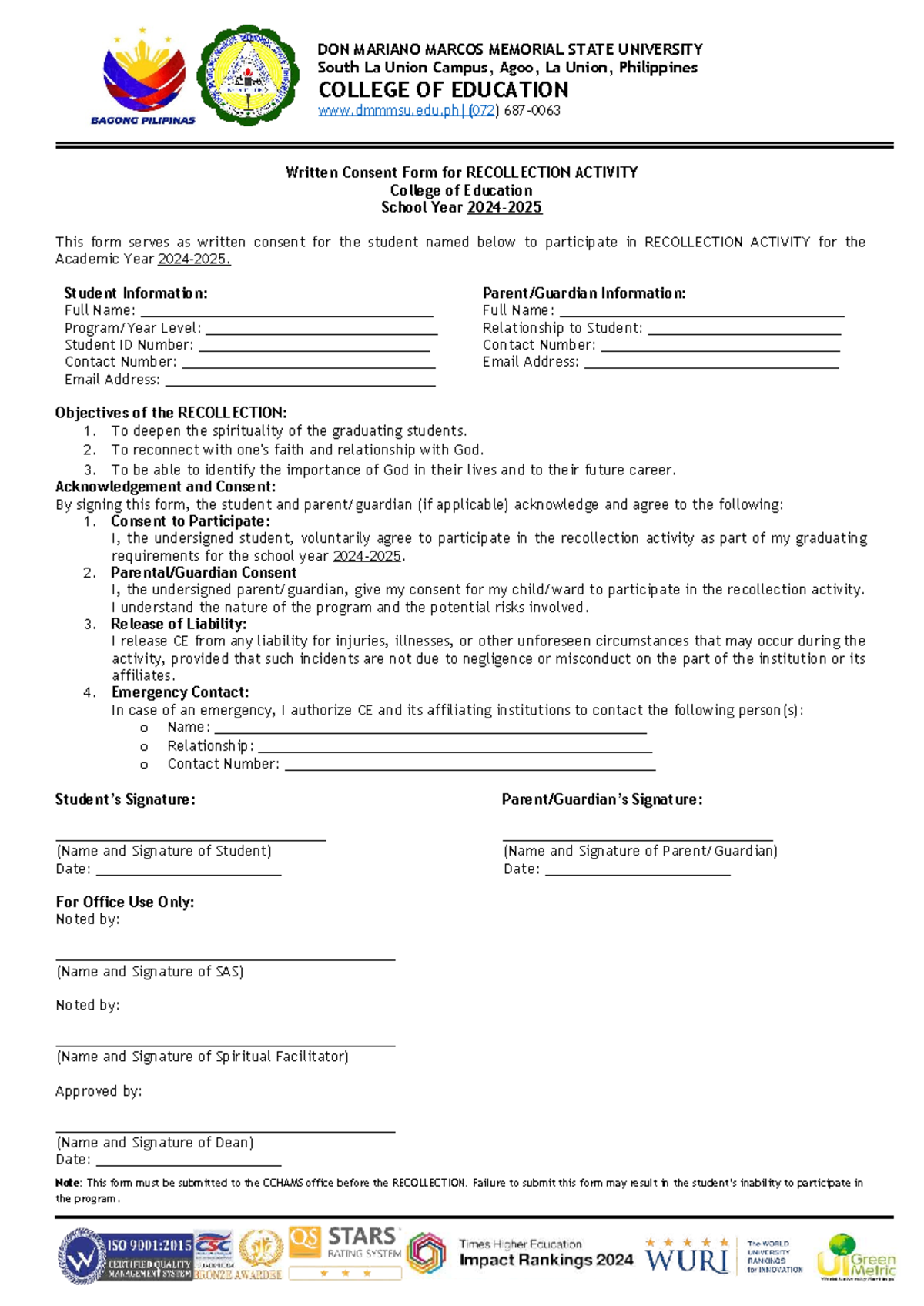 Written Consent Form for Recollection Activity - COE 2023 - Studocu