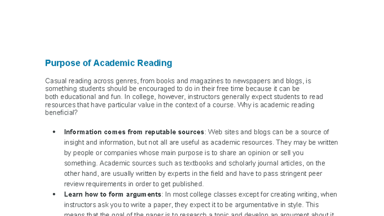 Purpose of Academic Reading: Benefits and Strategies for Success - Studocu