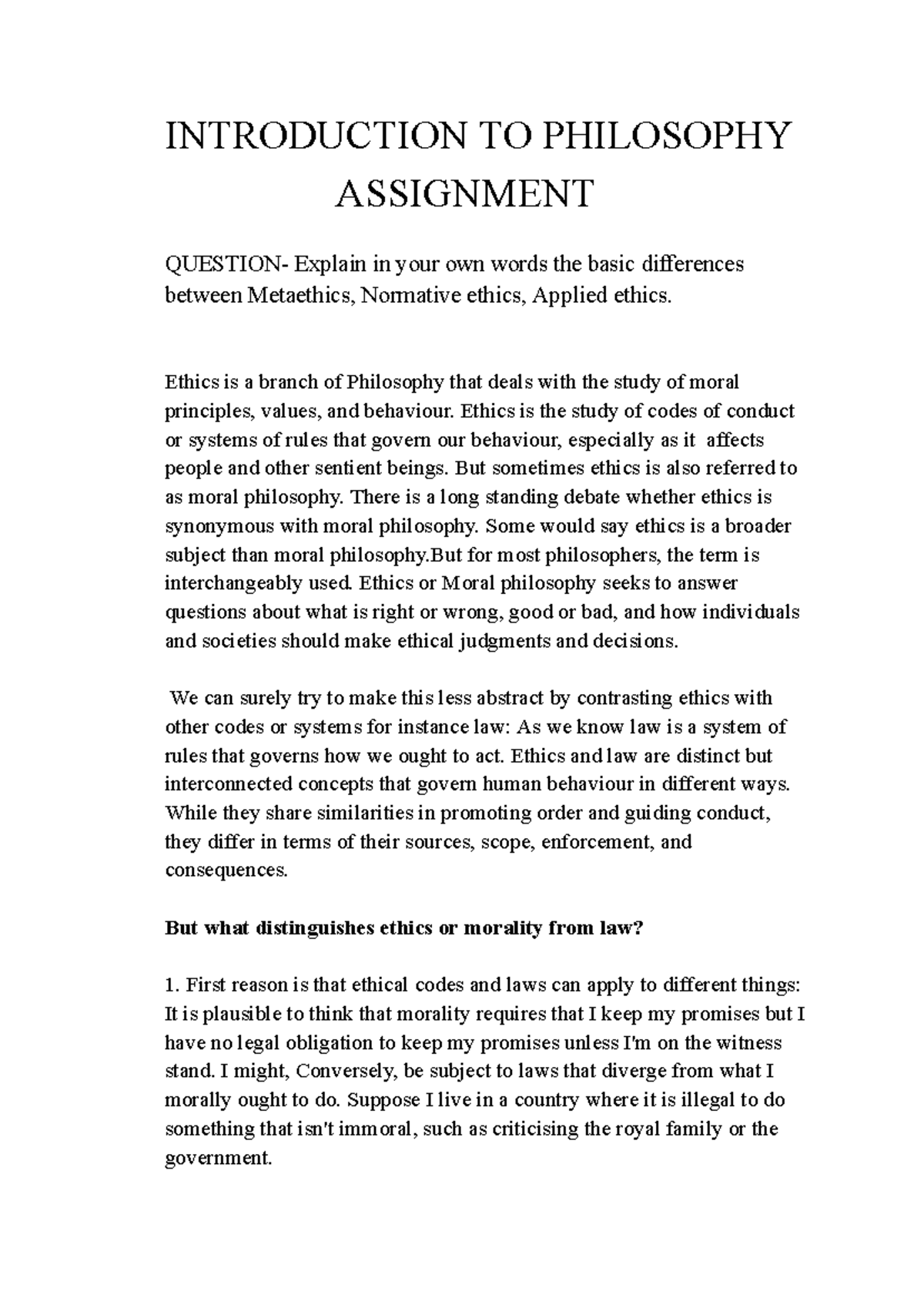 Ethics Assignment - INTRODUCTION TO PHILOSOPHY ASSIGNMENT QUESTION ...