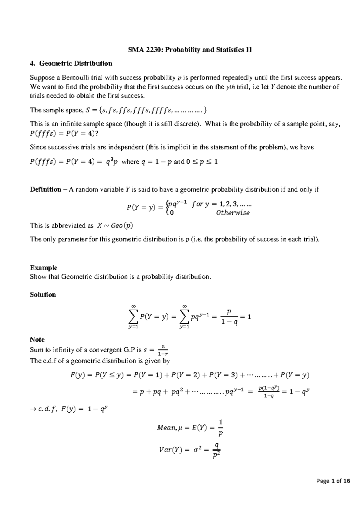 Probability distributions (SMA 2230) - SMA 2230: Probability and ...