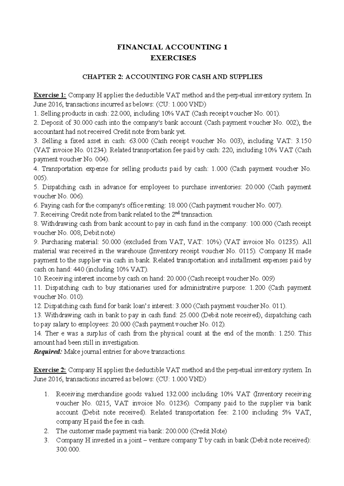 SV - Exercises FA1 - Lecture Notes on Financial Accounting 1 - Studocu