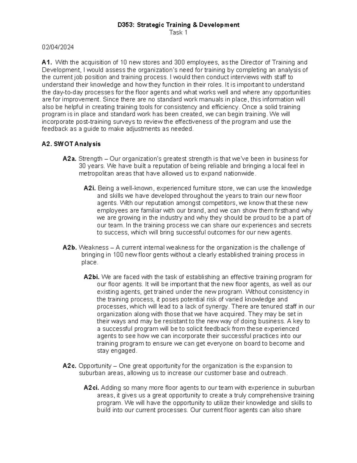 D353 - Task 1 - Strategic Needs Assessment Report - 02/04/2024 - Studocu