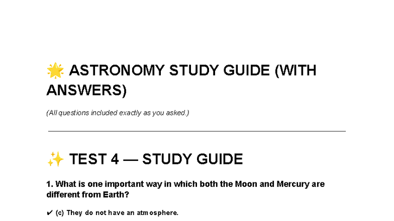 ASTR 101 STUDY GUIDE WITH ANSWERS: TEST 1-4 REVIEW - Studocu