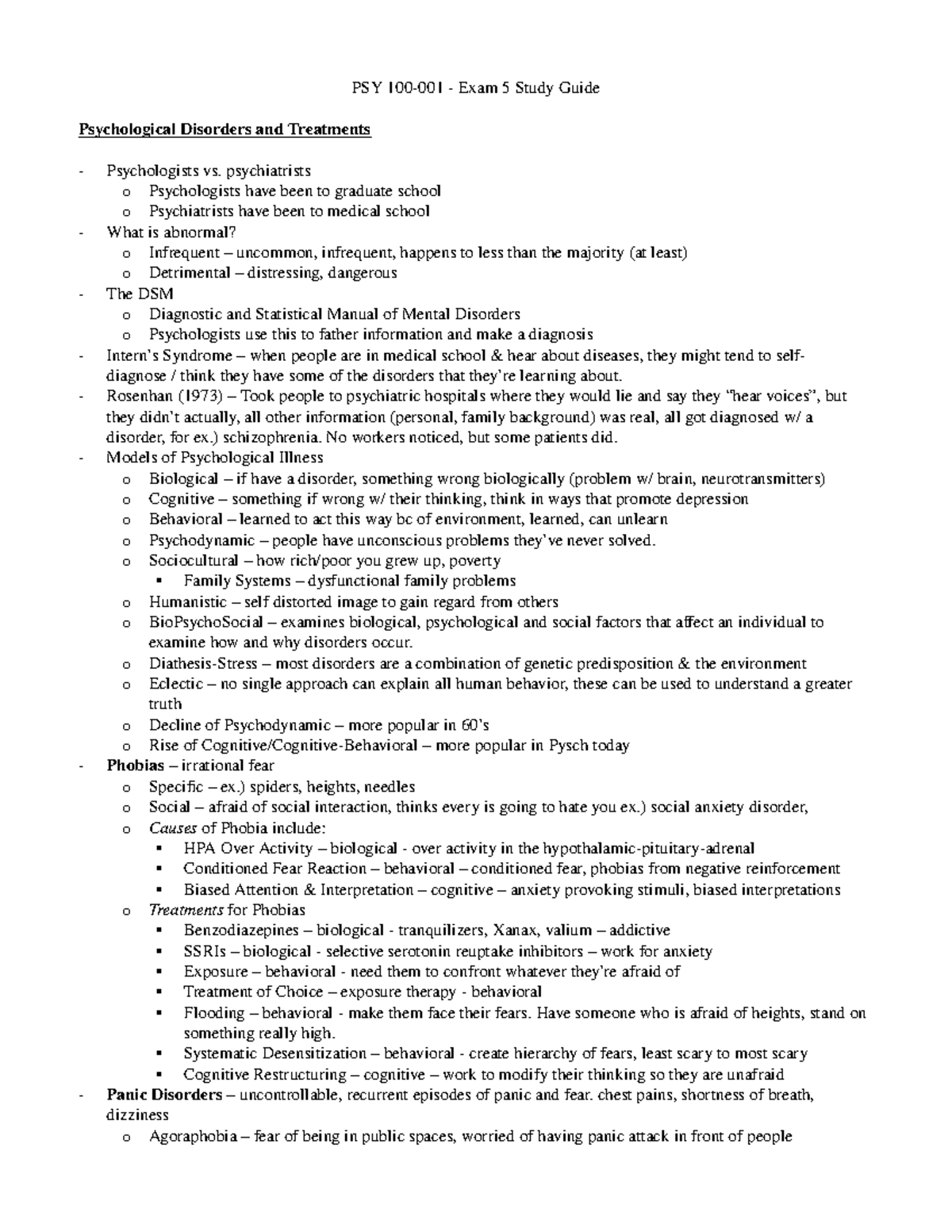 PSY 100-001 Exam 5 Study Guide: Psychological Disorders & Treatments ...