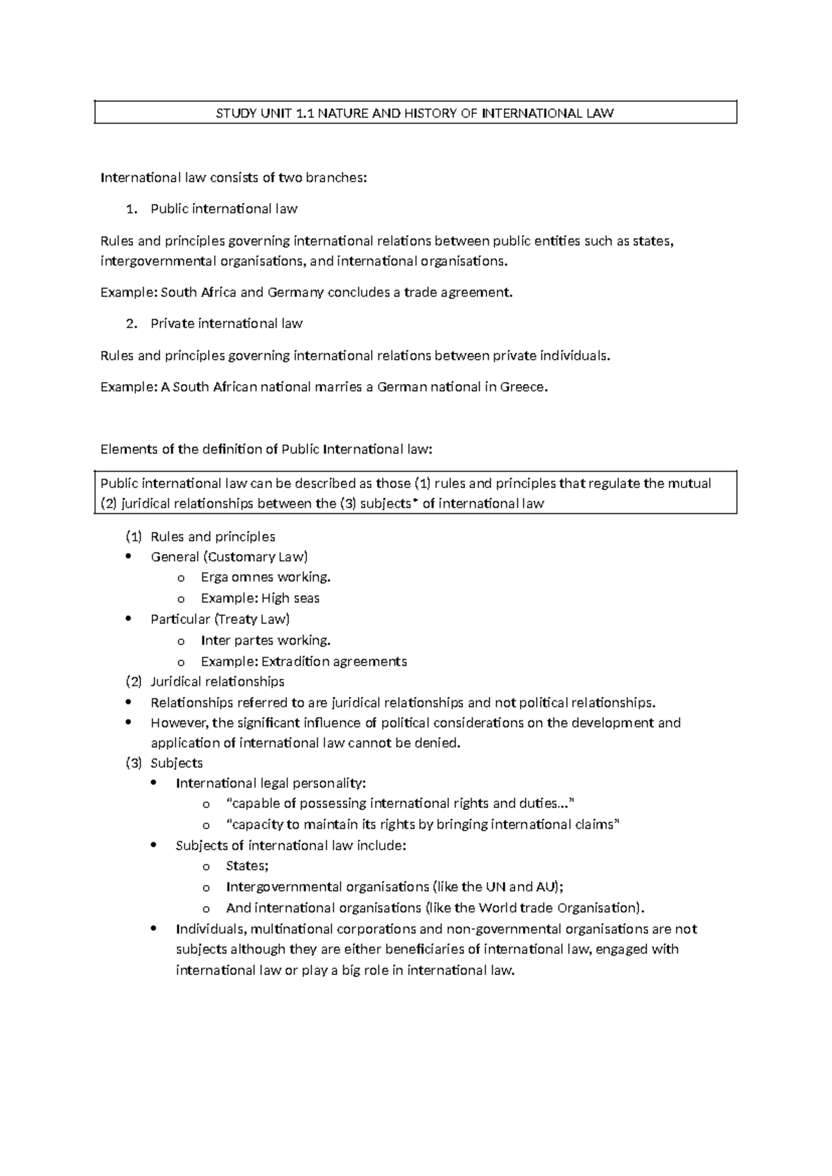 Study section 1 - Summary international law - STUDY UNIT 1 NATURE AND ...