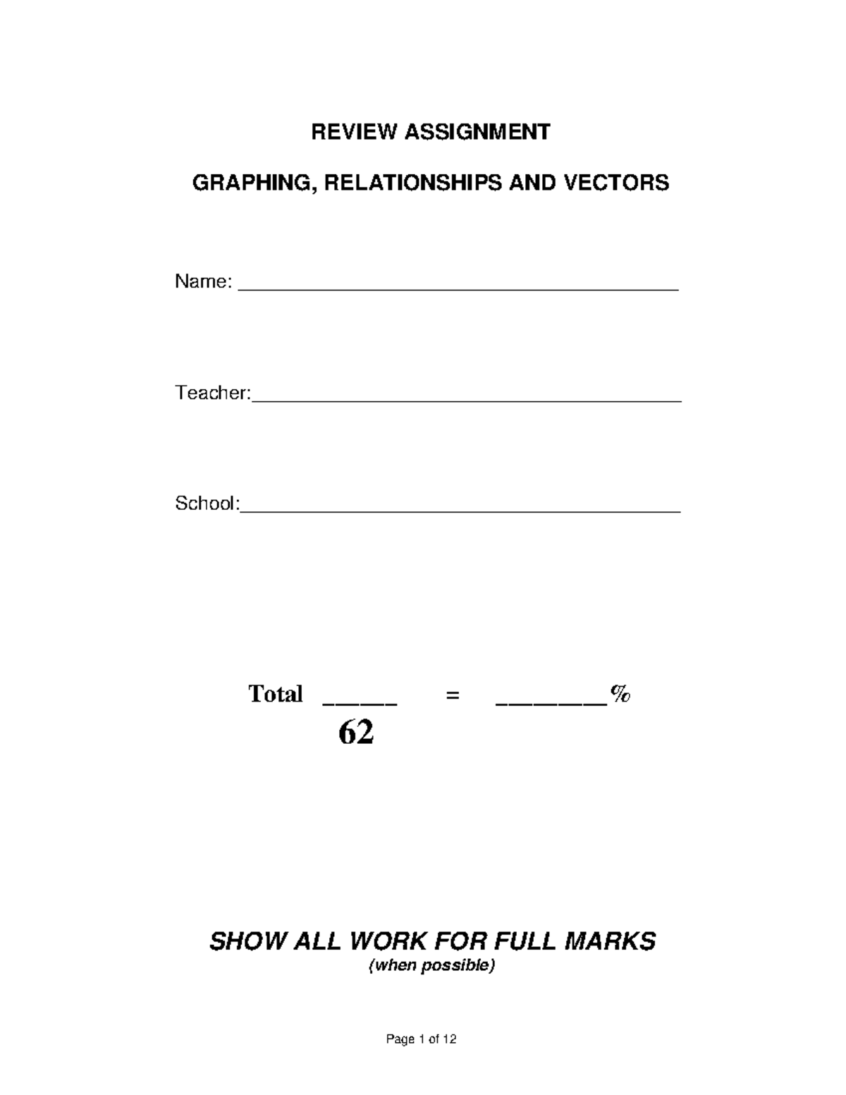 1 - Graphing, Relationships, and Vectors - Review Assignment - Studocu