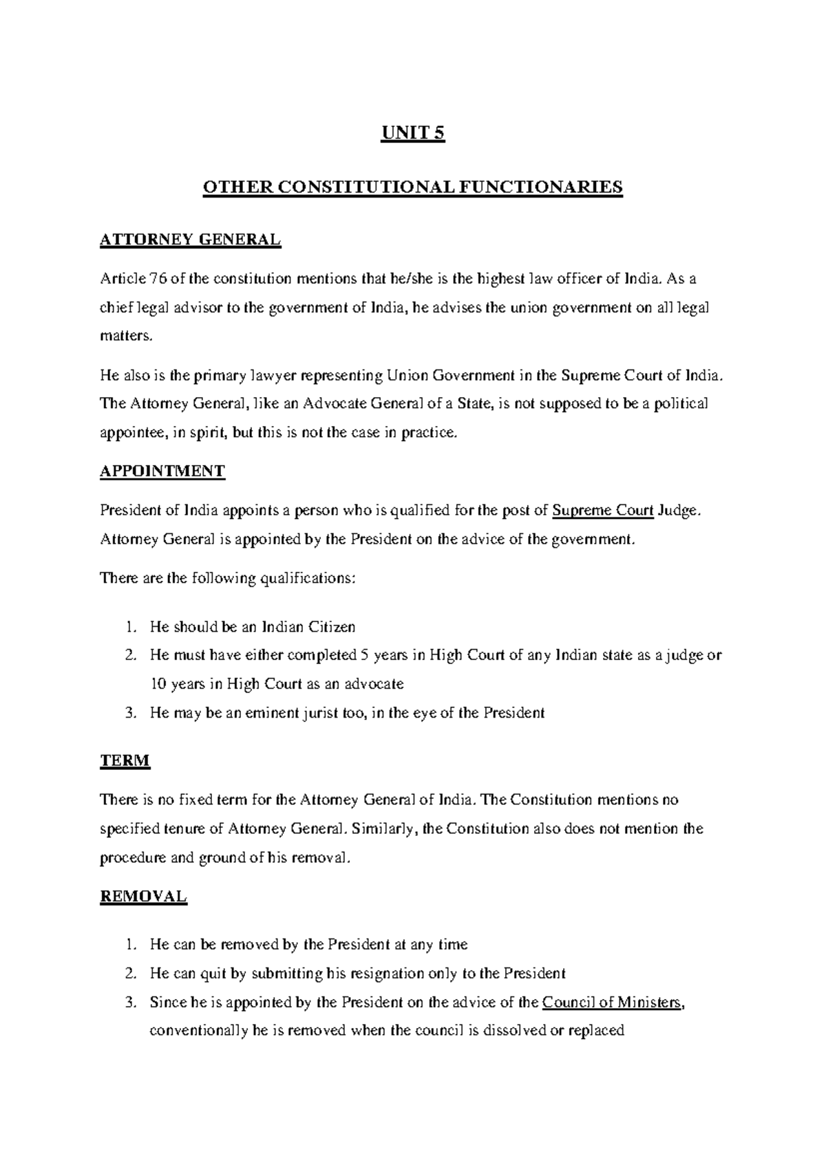 UNIT 5: Constitutional Functionaries - Attorney General & Advocate ...