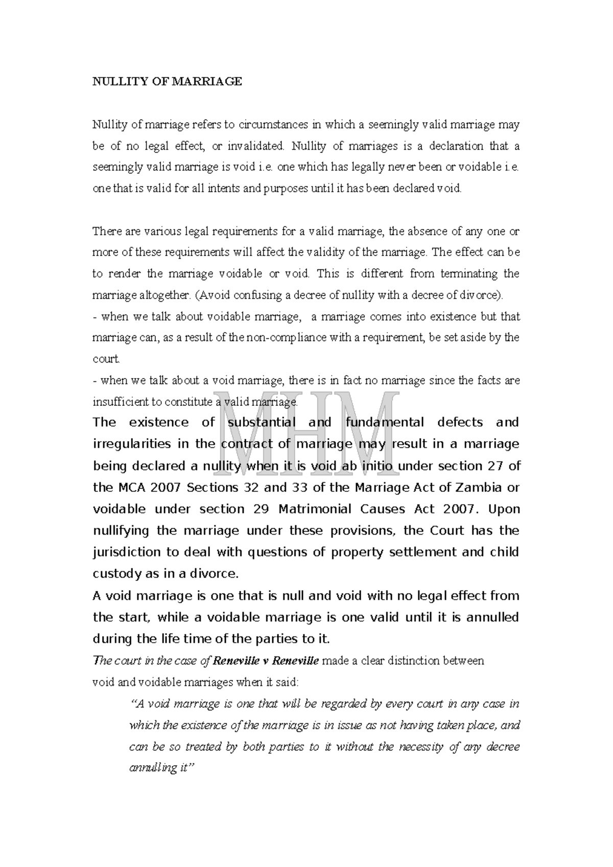 Nullity of Marriage - Comprehensive Notes (Law 101) - Studocu