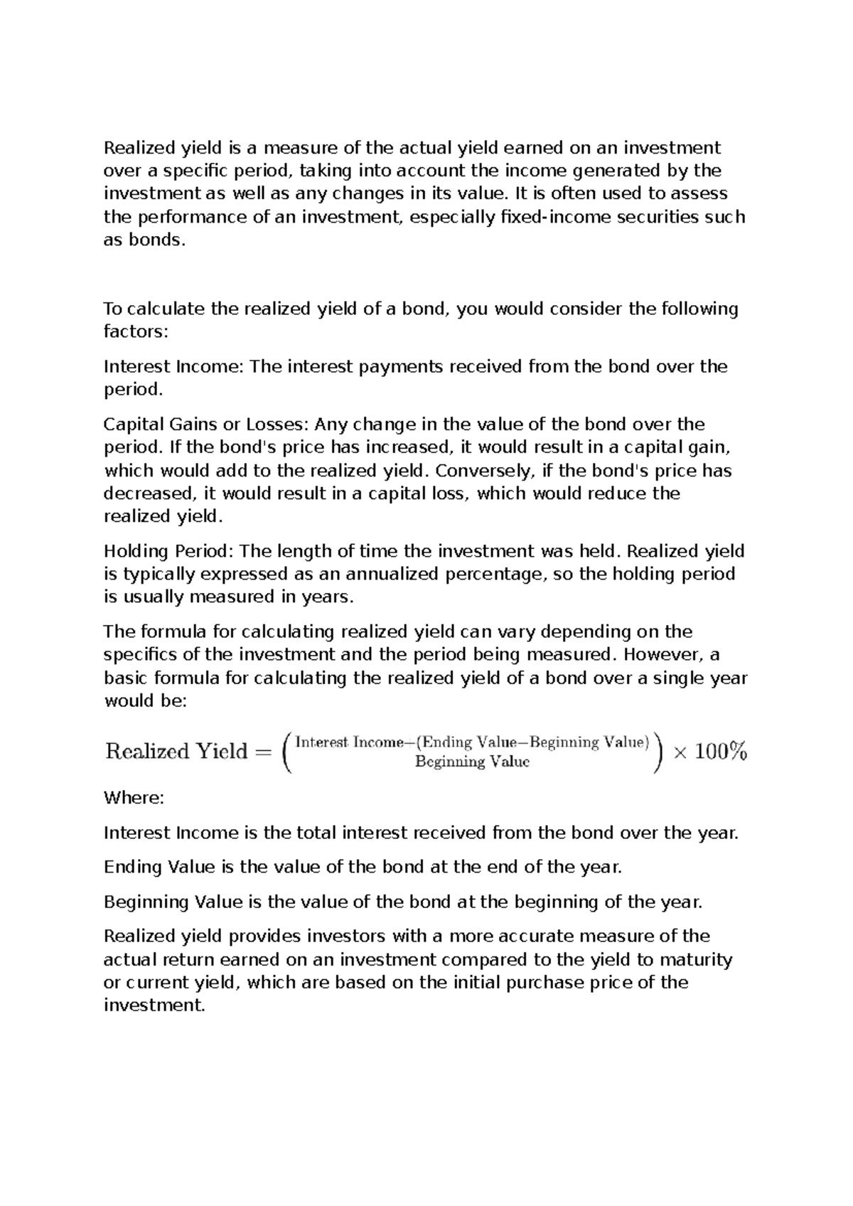 FIN 301 Notes on Realized Yield Calculation for Investments - Studocu