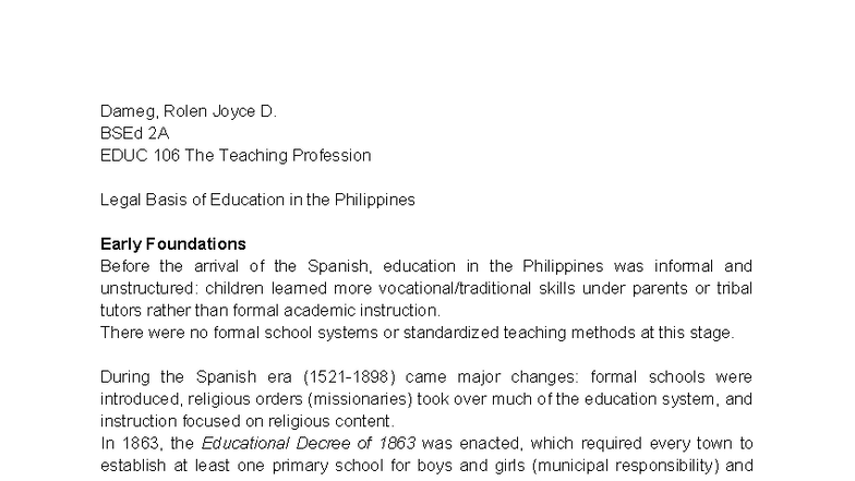 EDUC 106 The Legal Basis of Education in the Philippines - Studocu