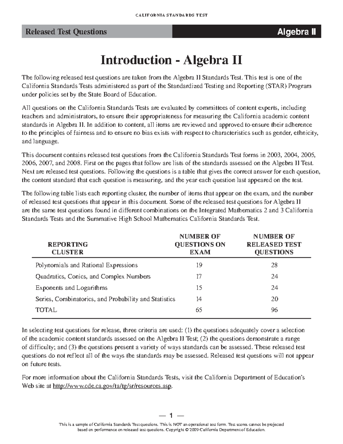 CST Algebra II - Released Test Questions for Practice Test - Studocu