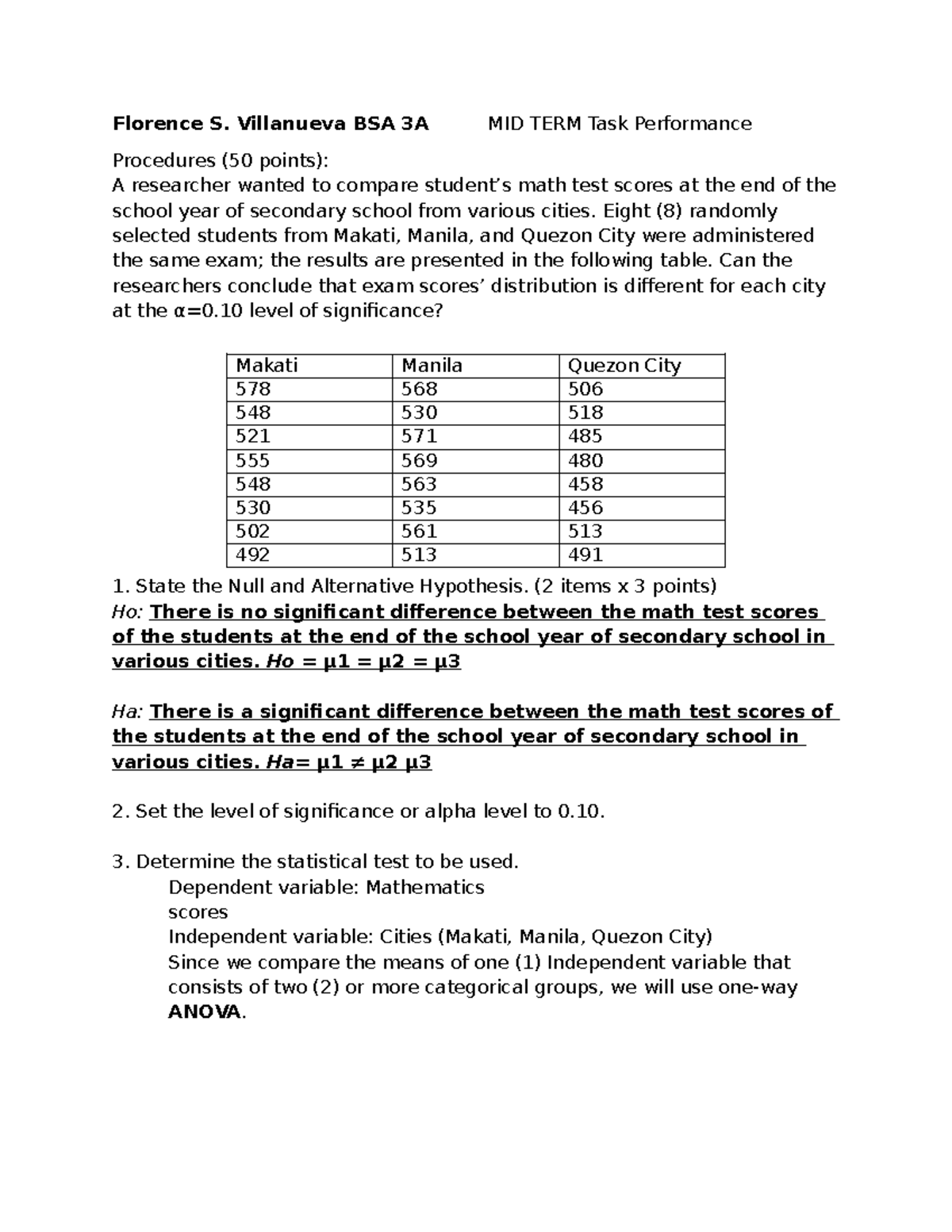 BSA 3A MIDTERM: Math Test Score Comparison Across Cities - Studocu