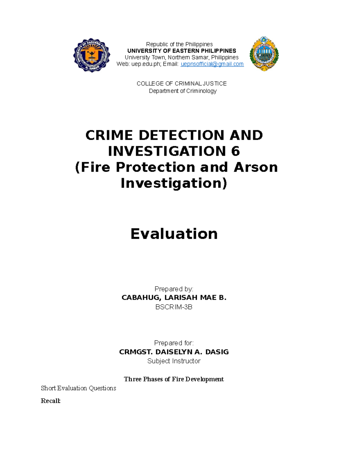 CDI 6 (Evaluation) - Fire Protection & Arson Investigation Essay Notes ...