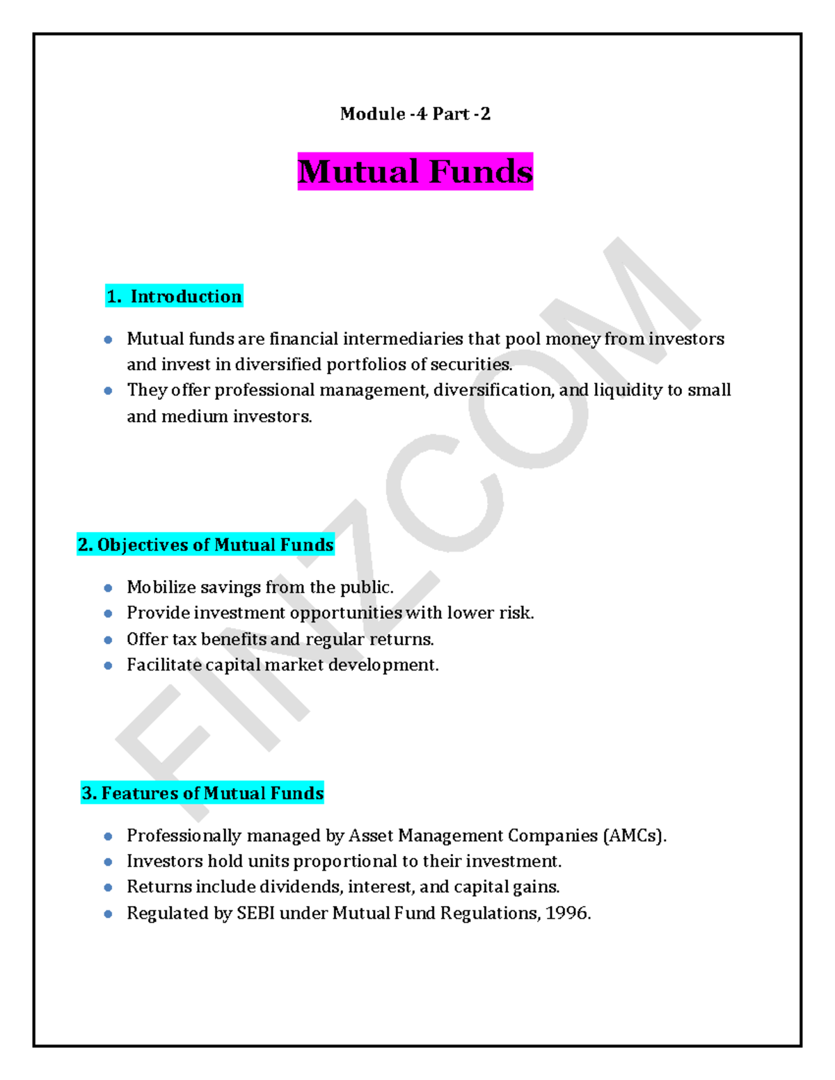 FMS MOD - 4 PART 2: Overview of Mutual Funds and Their Features - Studocu