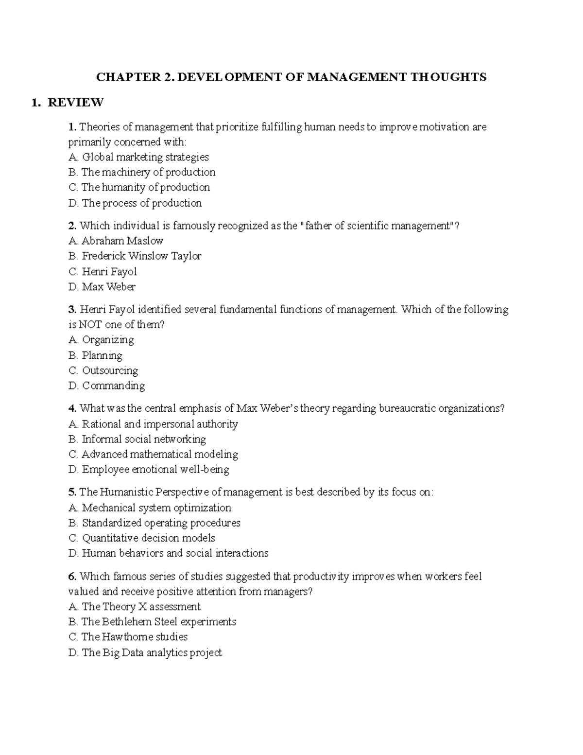 CHAPTER 2. MANAGEMENT THOUGHTS REVIEW AND KEY QUESTIONS - Studocu
