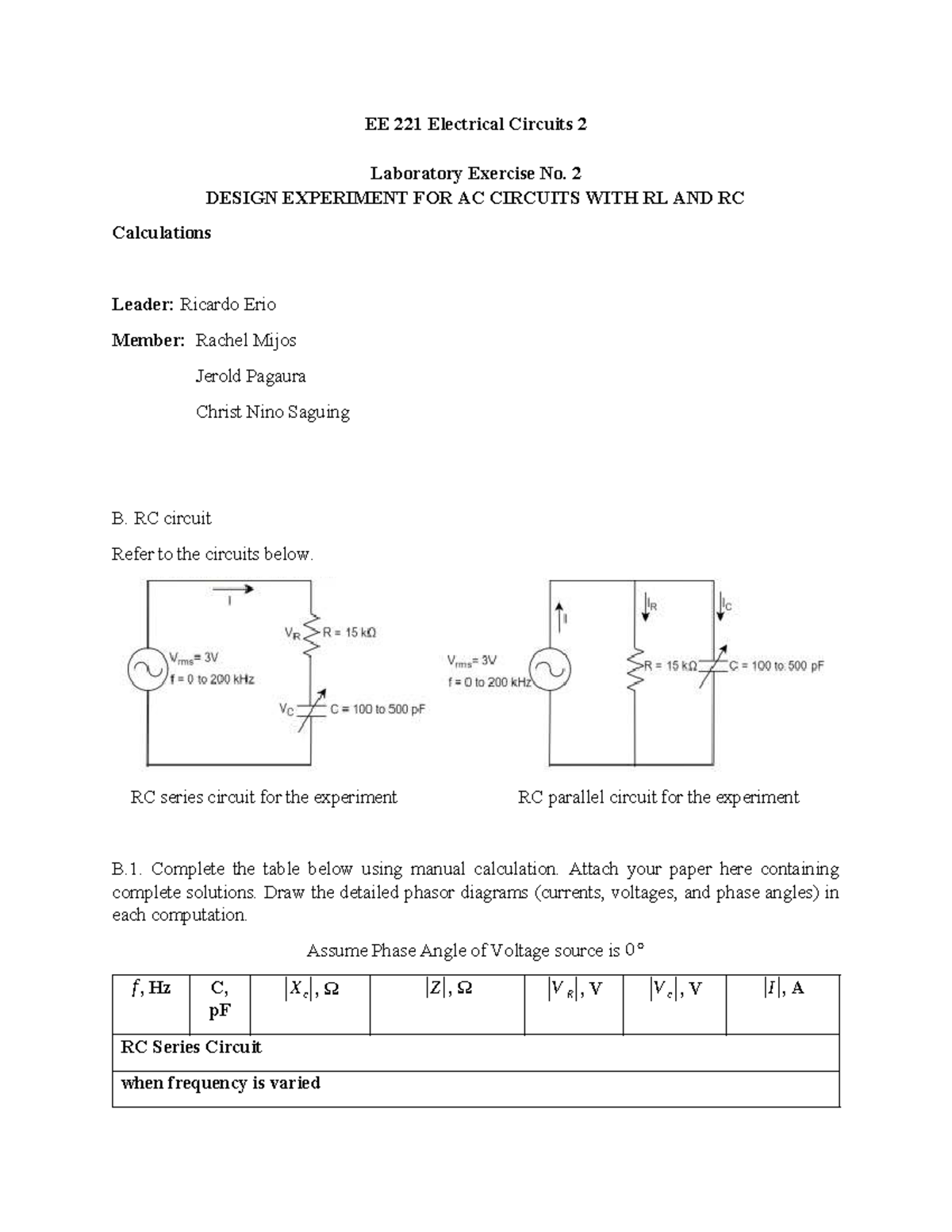 EE 221 Lab Exercise 2: AC Circuit Design with RL & RC Analysis - Studocu