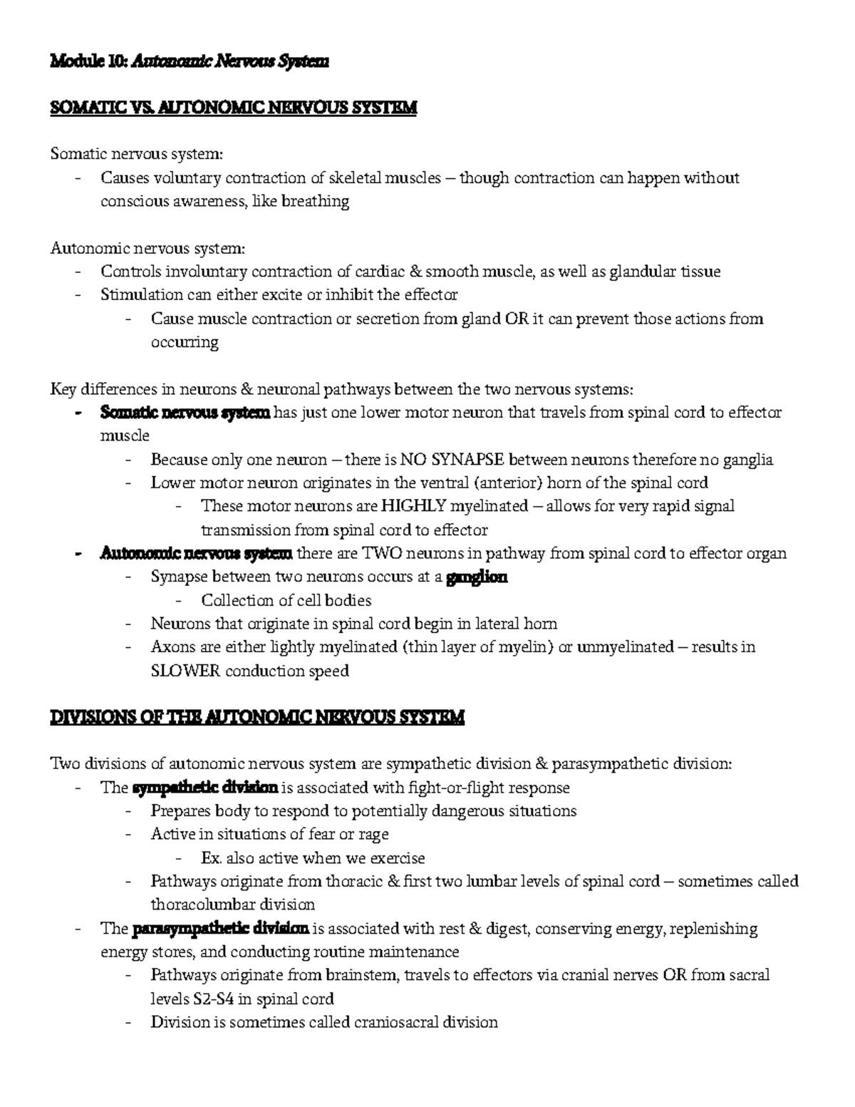Anat 337 - Module 10: Understanding the Autonomic Nervous System - Studocu