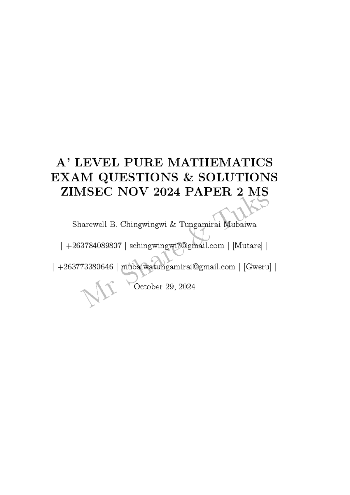 2024 NOV ZIMSEC P2 MS PURE MATHEMATICS EXAM SOLUTIONS - Studocu
