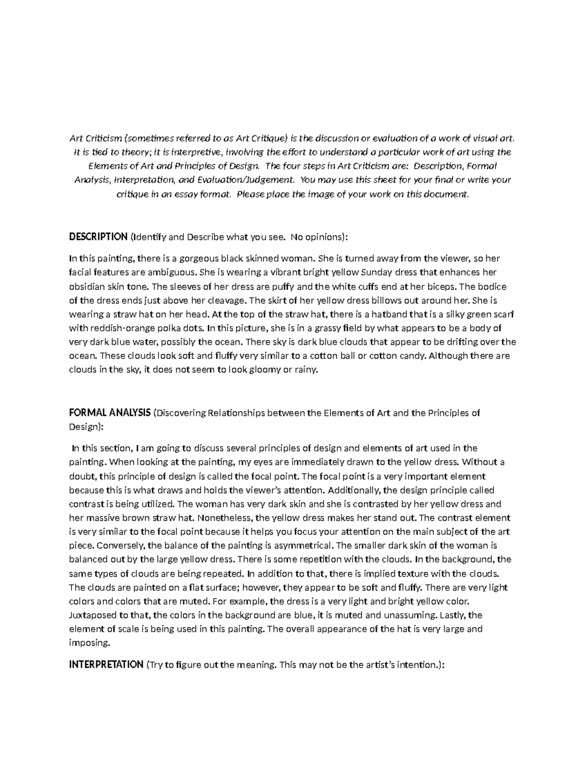 Art Criticism Final: Analyzing the Depths of Visual Emotion - Studocu