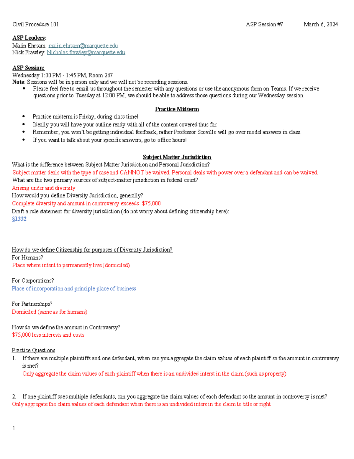Civil Procedure 101 ASP Week 7 Notes - Subject Matter Jurisdiction ...