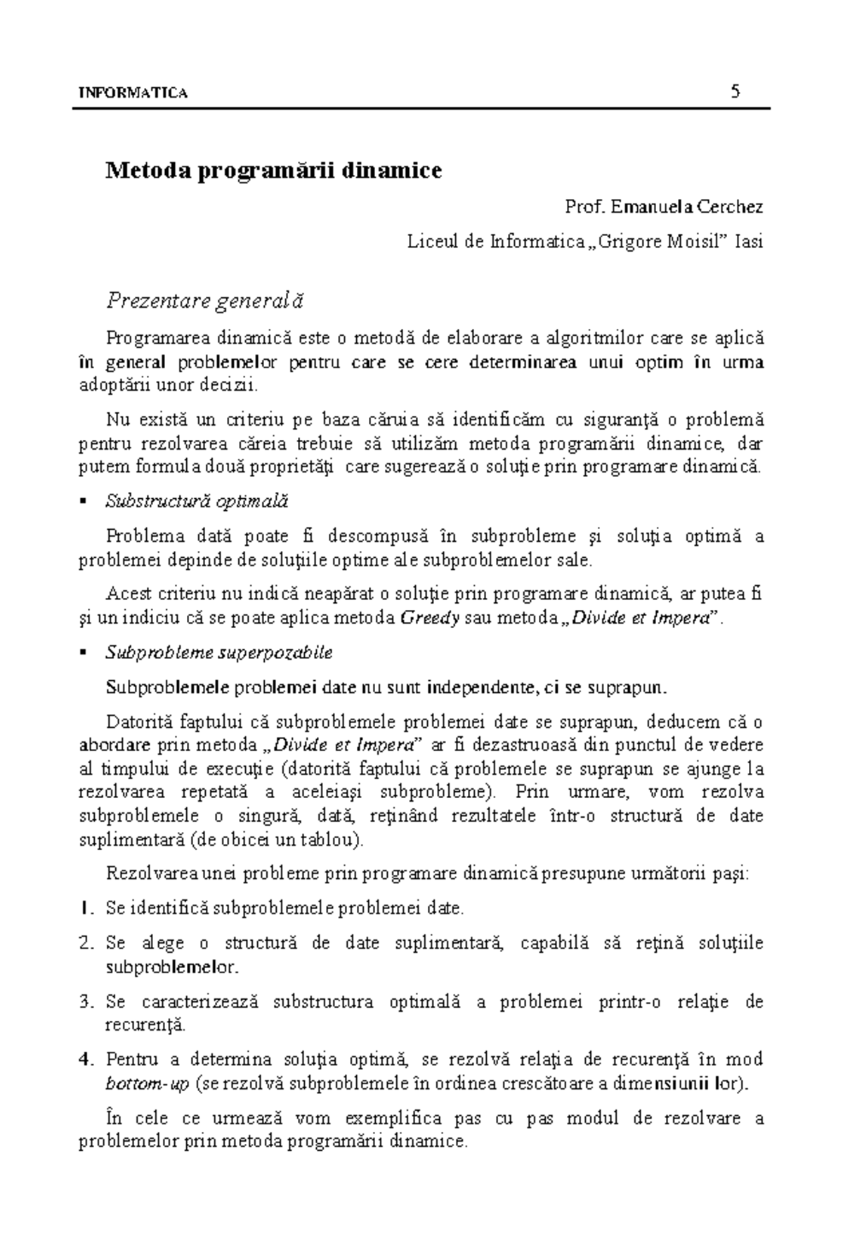 Metoda Programării Dinamice - INFORMATICA 5 - Prezentare Generală - Studocu