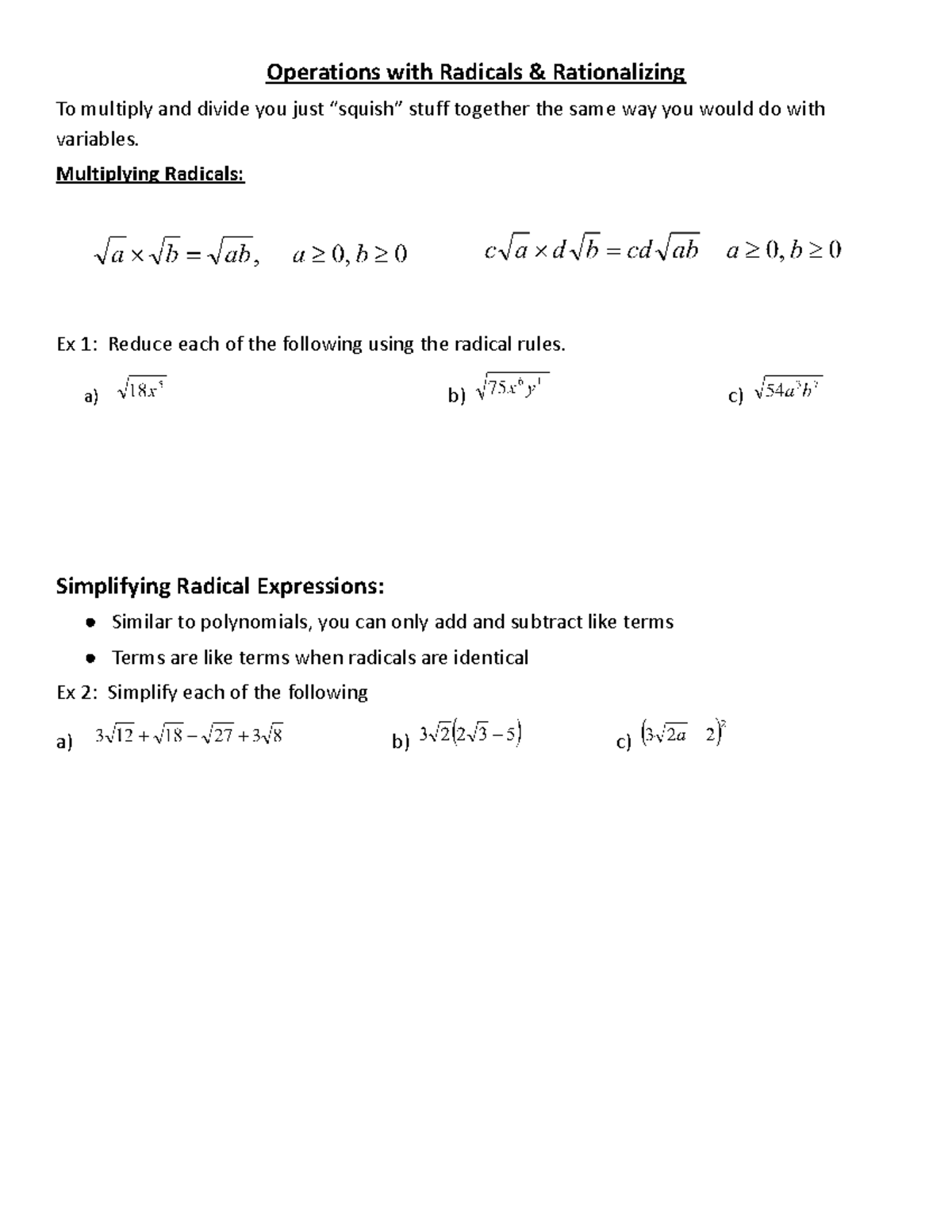 Math 101: Operations with Radicals & Rationalizing Denominators Review ...