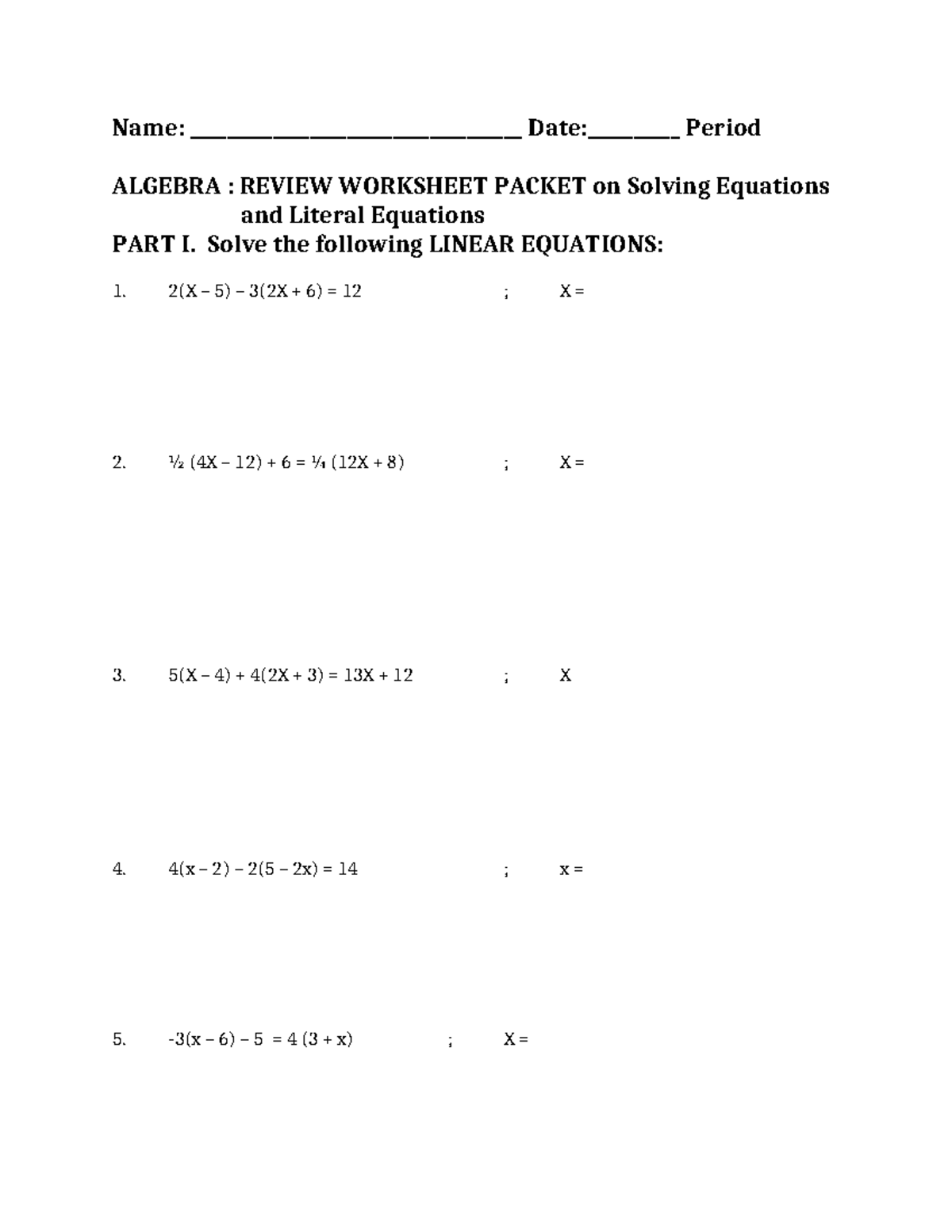 Algebra 2 Review Worsksheet on Solving Linea Equations and sliteral ...