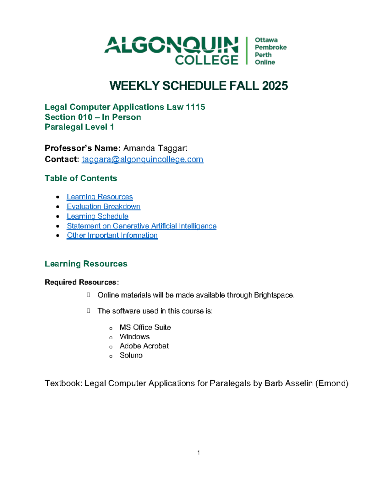 WEEKLY SCHEDULE FALL 2025: Legal Computer Applications (Law 010) - Studocu
