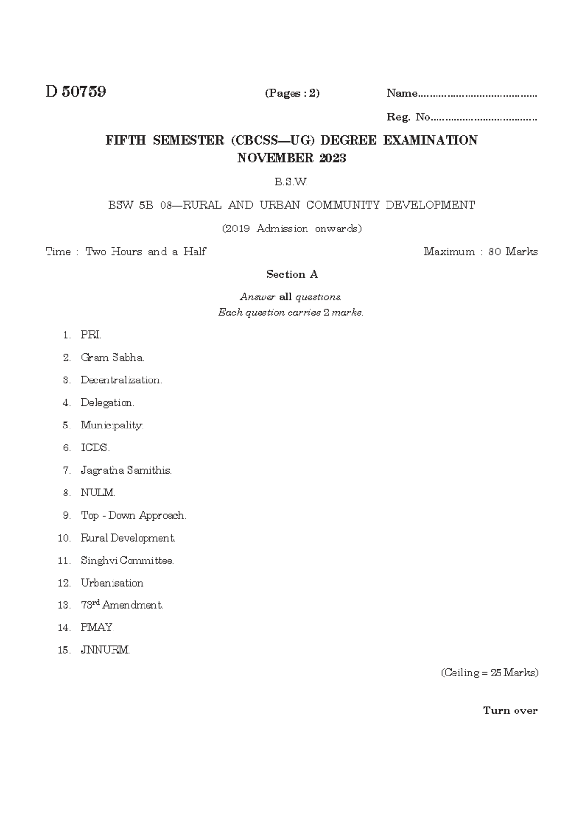 BSW 5B Fifth Semester Exam Nov 2023: Urban Community Development QP ...