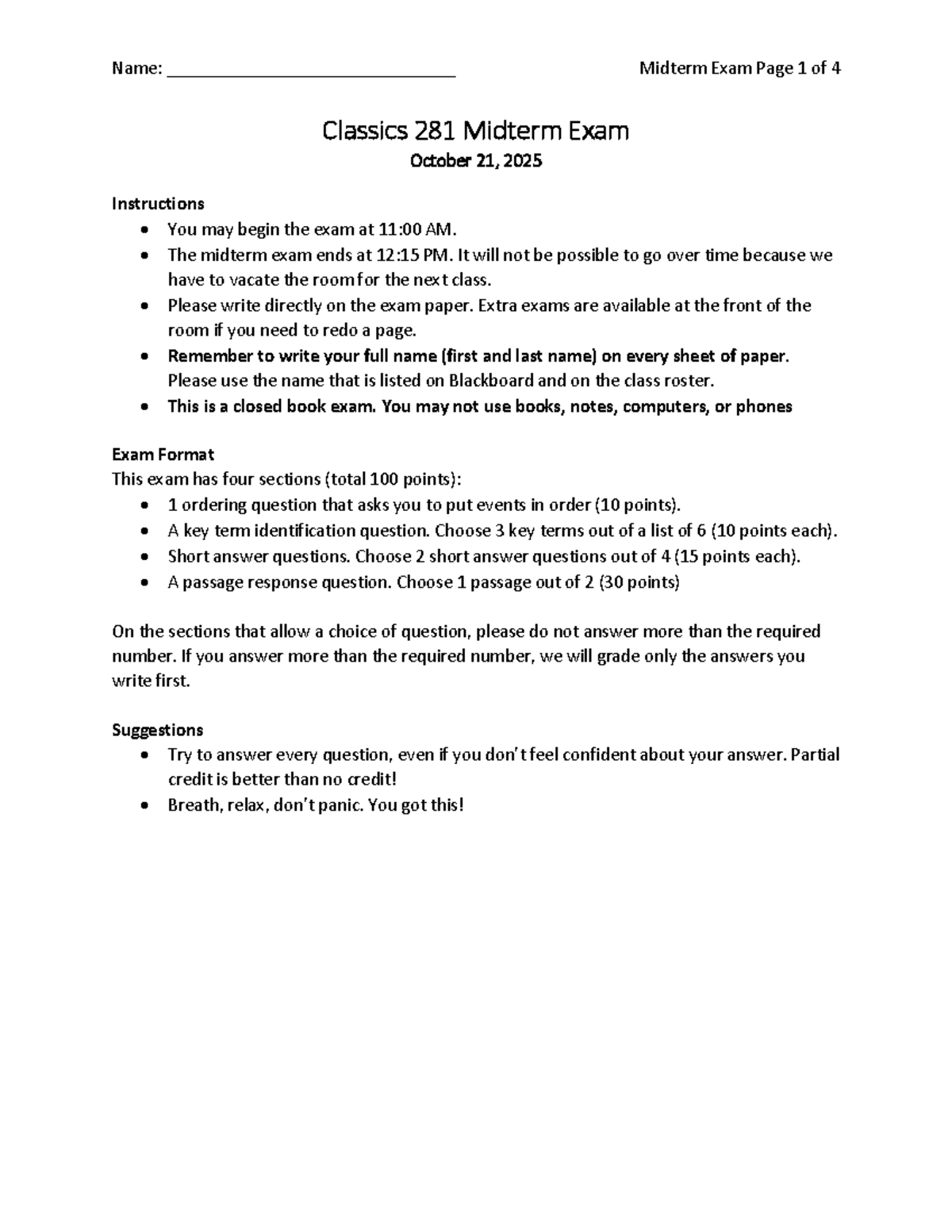 Classics 281 Midterm Exam Instructions & Format Guide - Studocu