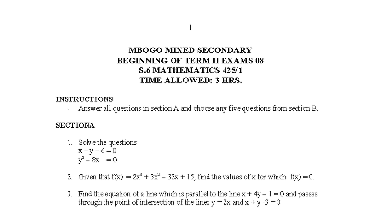 S6 Mathematics Term II Exam Paper - Mbogos Mixed Secondary - Studocu