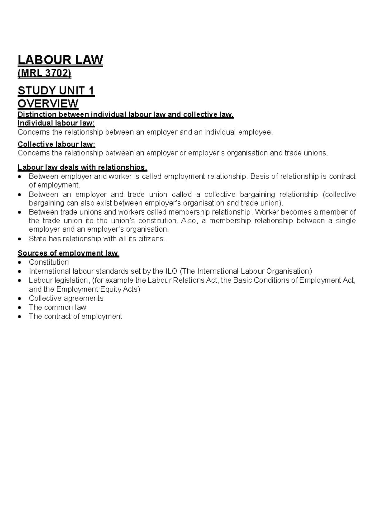 Labour Law Overview and Key Concepts (MRL 3702) - Studocu