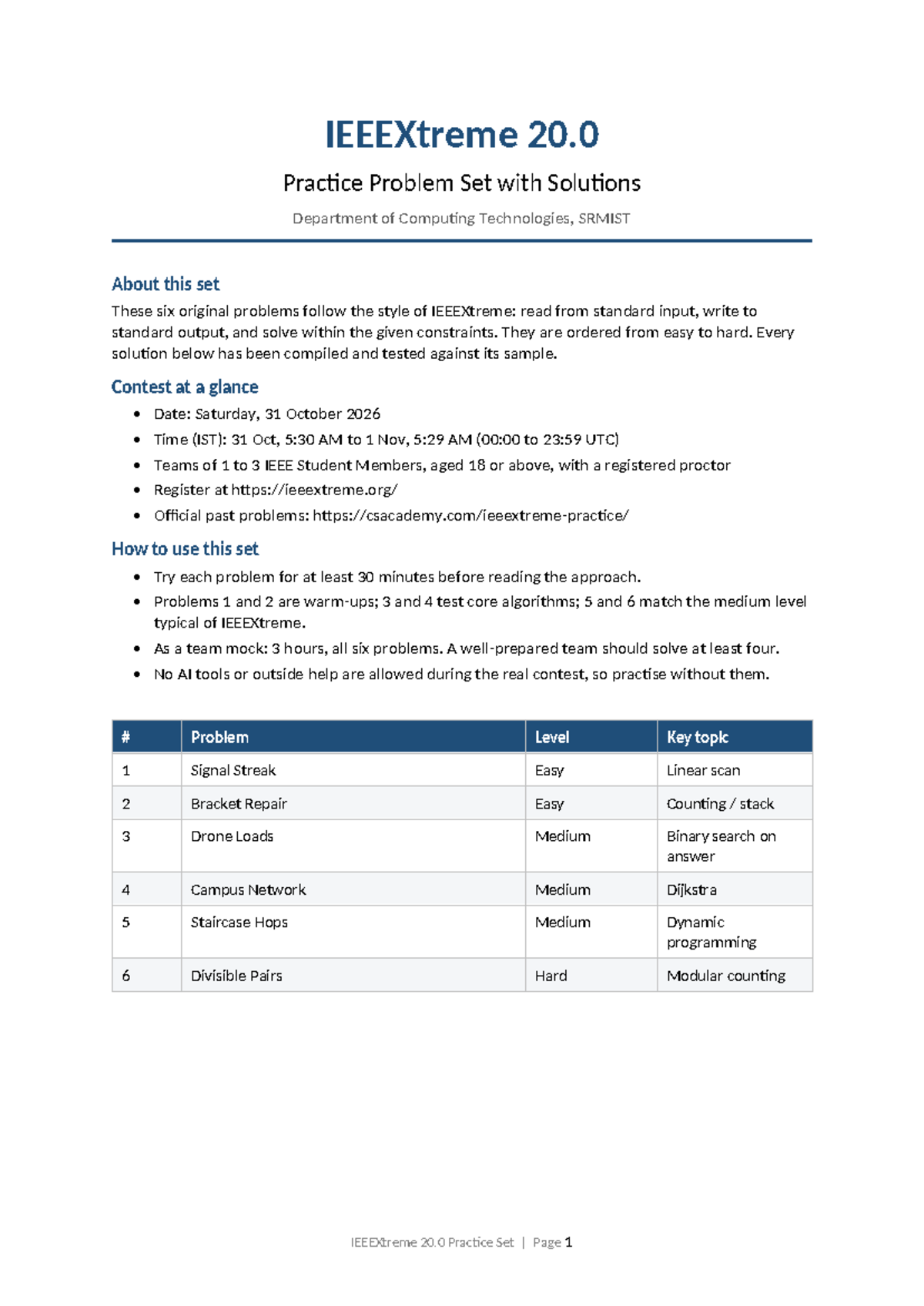 Ieeextreme 20.0 Practice Problem Set with Solutions - Studocu